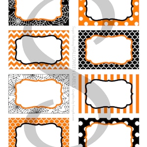 May include: Halloween-themed labels with various patterns, including spiderwebs, polka dots, chevrons, and stripes. Each label has a white center for text, framed by black and orange borders. The labels are designed for personal use.