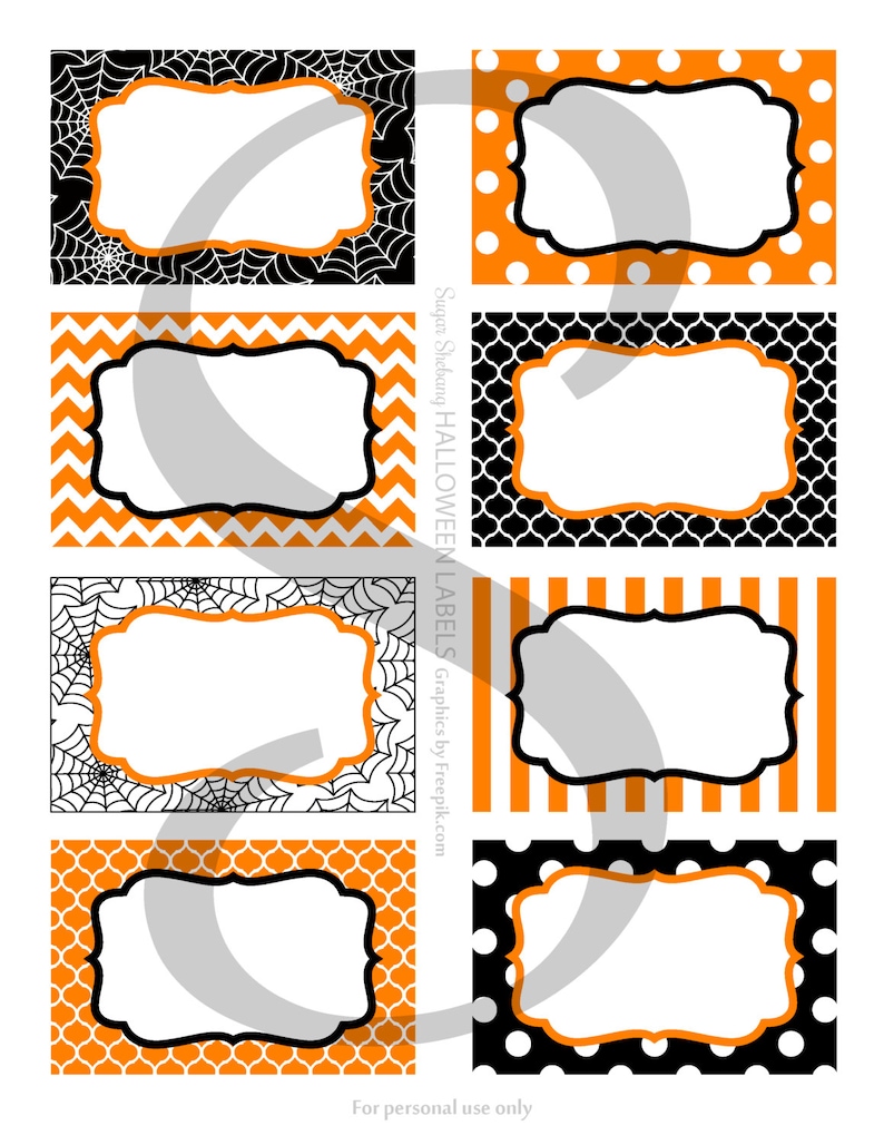 May include: Halloween-themed labels with various patterns, including spiderwebs, polka dots, chevrons, and stripes. Each label has a white center for text, framed by black and orange borders. The labels are designed for personal use.
