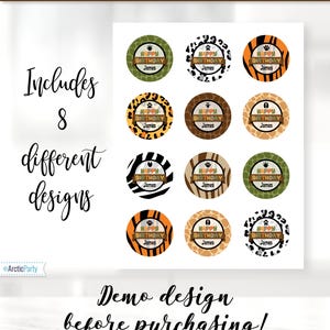 May include: Eight different designs of round cupcake toppers or stickers with a jungle animal print theme. Each topper features a brown banner with the text "Happy Birthday" and a name, "James". The designs include zebra stripes, leopard spots, giraffe print, and tiger stripes.