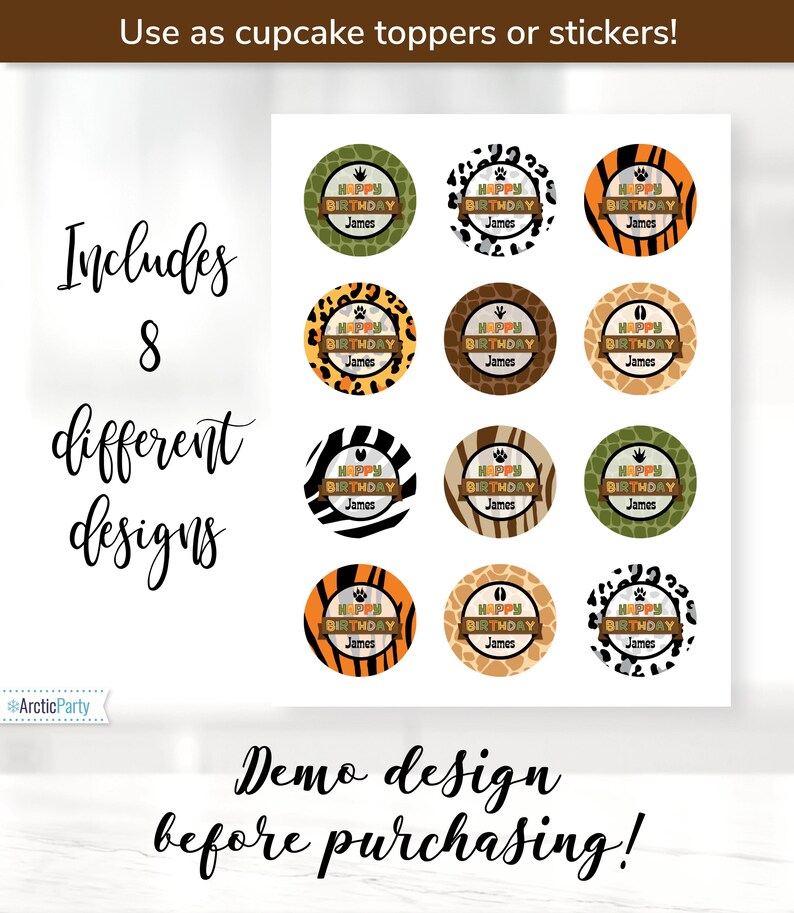 May include: Eight different designs of round cupcake toppers or stickers with a jungle animal print theme. Each topper features a brown banner with the text "Happy Birthday" and a name, "James". The designs include zebra stripes, leopard spots, giraffe print, and tiger stripes.