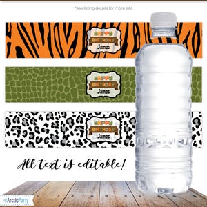 May include: Three printable water bottle labels with a jungle animal theme. The labels feature a tiger stripe pattern, a green crocodile skin pattern, and a black and white leopard print. Each label has a banner with the text "Happy Birthday James".