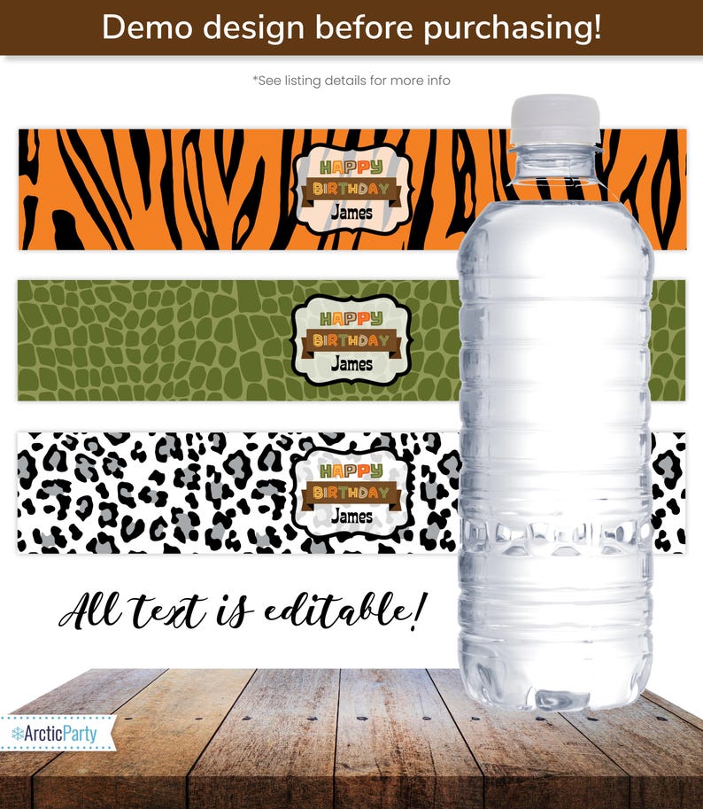 May include: Three printable water bottle labels with a jungle animal theme. The labels feature a tiger stripe pattern, a green crocodile skin pattern, and a black and white leopard print. Each label has a banner with the text "Happy Birthday James".