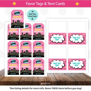 May include: Pink and blue favor tags with a cityscape and the text "BOOM! SUPER THANKS FOR COMING!" and "FROM KRYSTAL".  Pink and blue tent cards with the text "YOUR TEXT HERE" in a speech bubble.