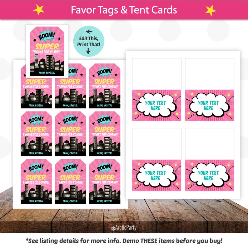 May include: Pink and blue favor tags with a cityscape and the text "BOOM! SUPER THANKS FOR COMING!" and "FROM KRYSTAL".  Pink and blue tent cards with the text "YOUR TEXT HERE" in a speech bubble.