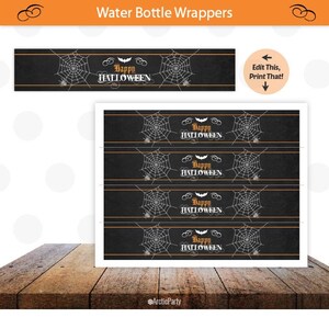 May include: Black water bottle wrappers with a Halloween theme. Each wrapper features a white spider web design, the words "Happy Halloween", and a bat illustration. The wrappers are printed on a sheet of paper. The top of the image has the words "Water Bottle Wrappers".