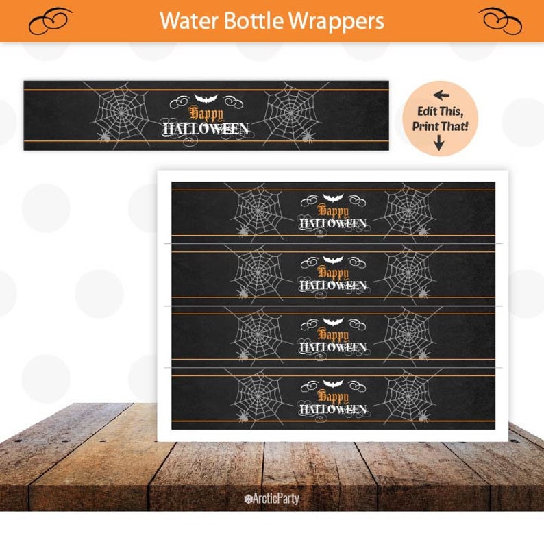 May include: Black water bottle wrappers with a Halloween theme. Each wrapper features a white spider web design, the words "Happy Halloween", and a bat illustration. The wrappers are printed on a sheet of paper. The top of the image has the words "Water Bottle Wrappers".