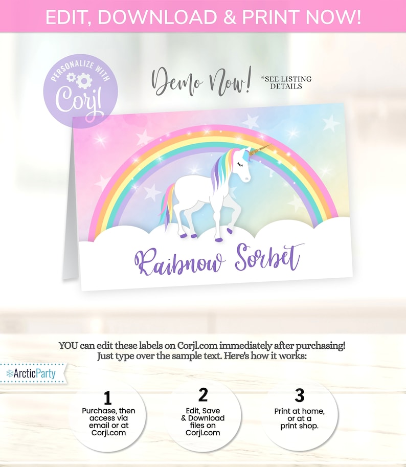 May include: A printable party favor tag featuring a white unicorn with a rainbow mane and tail standing on a cloud in front of a rainbow. The text "Rainbow Sorbet" is written in purple below the unicorn. The tag is designed to be personalized with Corjl.com.