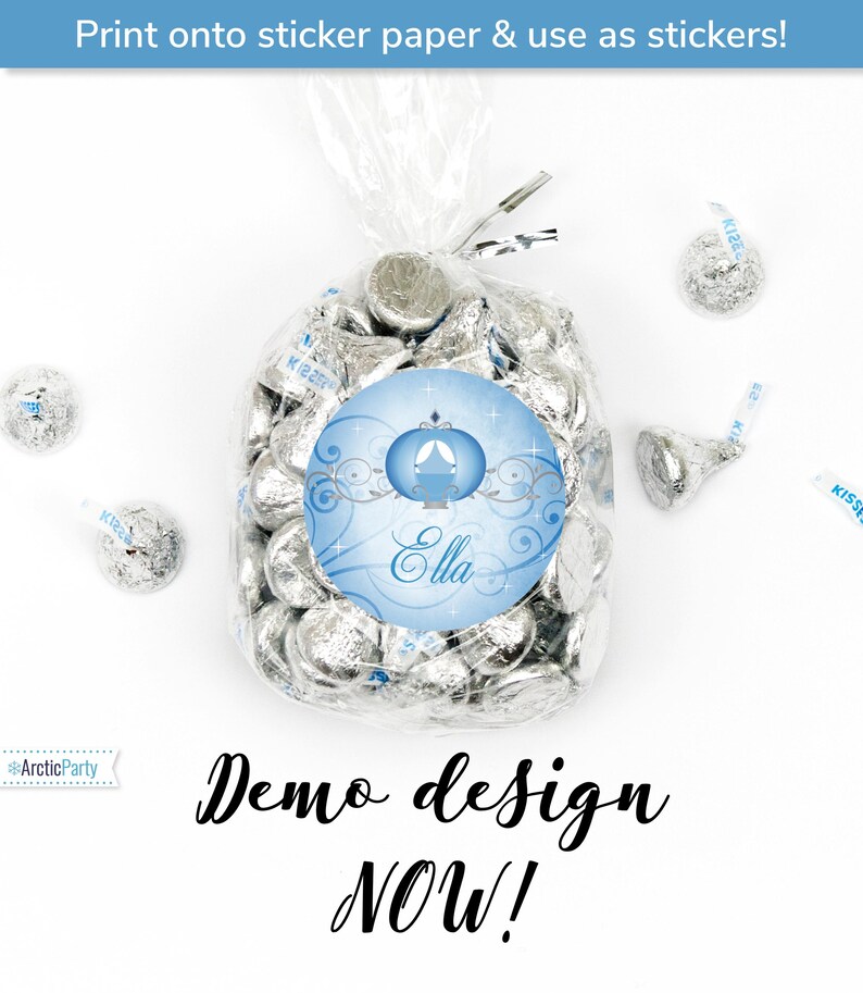 May include: A blue and silver printable sticker design featuring a Cinderella carriage and the name "Ella". The sticker is designed to be printed on sticker paper and used as a favor for a birthday party.