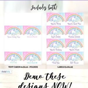 May include: Printable unicorn-themed tent cards and labels for a party. The cards and labels feature a unicorn with a rainbow and stars. The text on the cards and labels includes "Unicorn Pudding Cups", "Unicorn Punch", "Fruit Dip", "Unicorn Snack Mix", "Unicorn Horns", "Unicorn Snack Mix", "Sugar Cookies", "Rainbow Candies", "Unicorn Pudding", "Unicorn Punch", "Fruit Dip", "Star Pizza". The text "TENT CARDS (3.5X2.25 - FOLDED)" and "LABELS (3.5X2.25)" is also included.