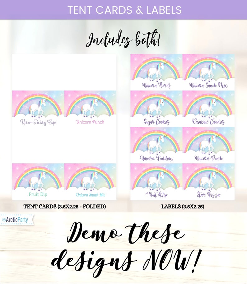 May include: Printable unicorn-themed tent cards and labels for a party. The cards and labels feature a unicorn with a rainbow and stars. The text on the cards and labels includes "Unicorn Pudding Cups", "Unicorn Punch", "Fruit Dip", "Unicorn Snack Mix", "Unicorn Horns", "Unicorn Snack Mix", "Sugar Cookies", "Rainbow Candies", "Unicorn Pudding", "Unicorn Punch", "Fruit Dip", "Star Pizza". The text "TENT CARDS (3.5X2.25 - FOLDED)" and "LABELS (3.5X2.25)" is also included.