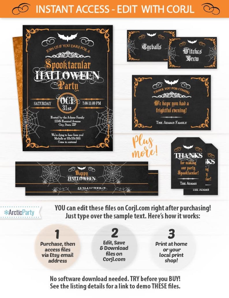 May include: A Halloween party invitation and coordinating stationery set. The invitation features a black background with orange accents, spiderwebs, and the text "Spooktacular Halloween Party." Additional cards include "Eyeballs," "Witches Brew," and thank you notes.