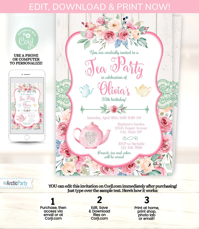 Tea Party Invitation Floral Tea Party Invite Tea Party image 1