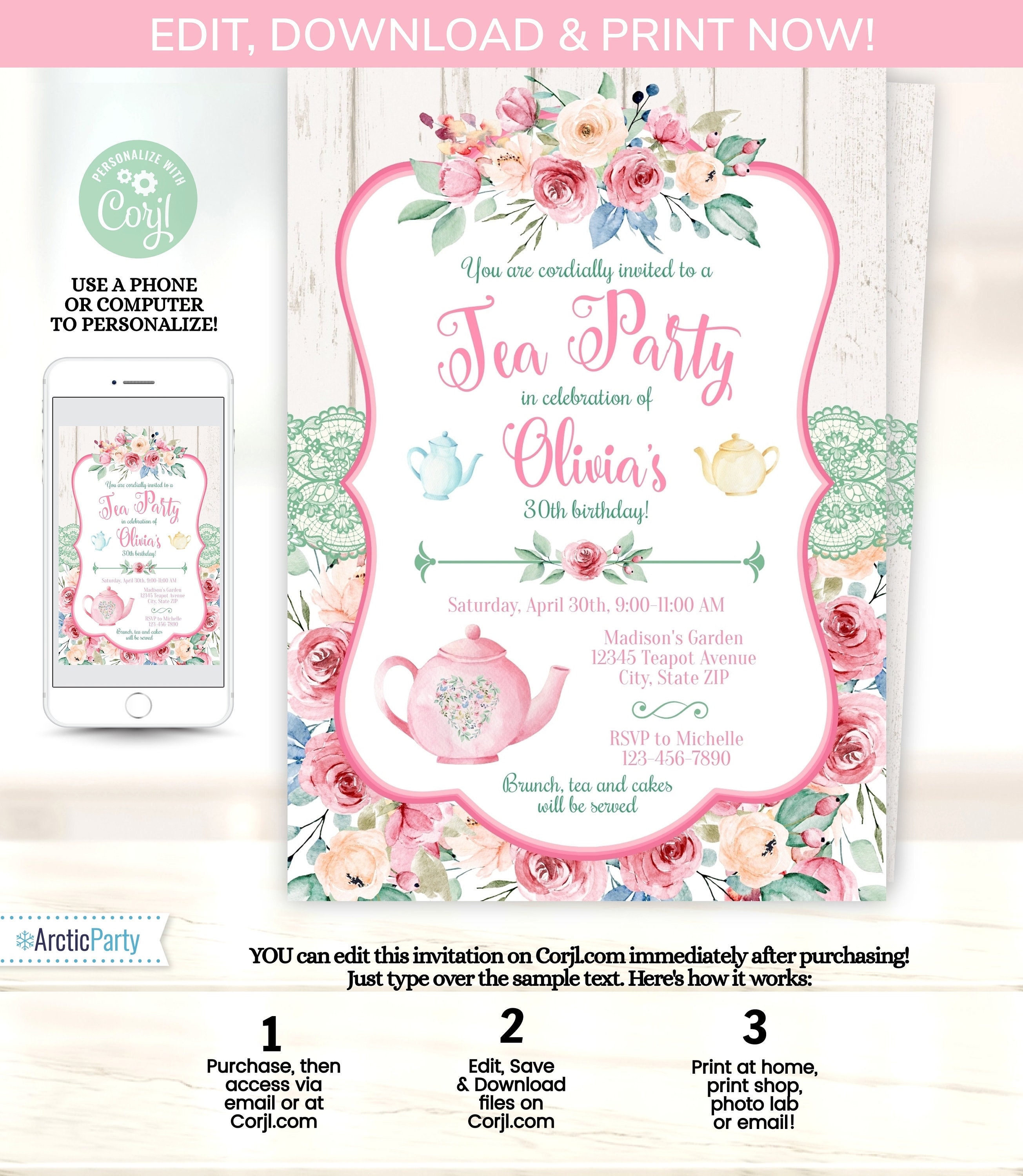 Spring Tea Invitation Tea Party Invitation - Floral Tea Party Invite - Tea Party Supplies ...