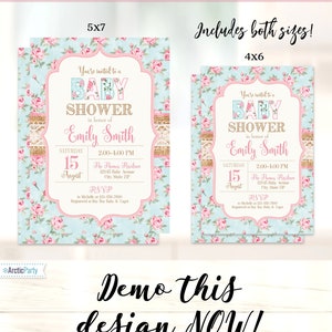 Puede incluir: Plantillas de invitaci&oacute;n a baby shower en tama&ntilde;os 5x7 y 4x6. El dise&ntilde;o presenta un estampado floral con rosas rosas sobre un fondo azul claro. La invitaci&oacute;n incluye el texto "You're invited to a BABY SHOWER" y los detalles del evento.