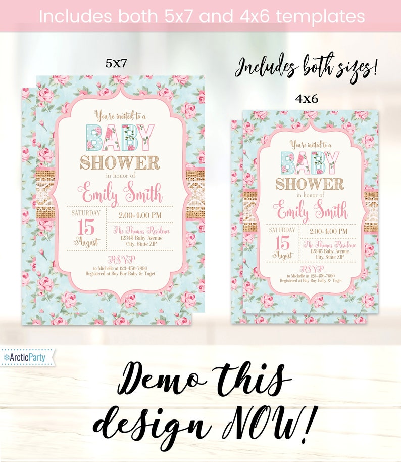 Puede incluir: Plantillas de invitaci&oacute;n a baby shower en tama&ntilde;os 5x7 y 4x6. El dise&ntilde;o presenta un estampado floral con rosas rosas sobre un fondo azul claro. La invitaci&oacute;n incluye el texto "You're invited to a BABY SHOWER" y los detalles del evento.