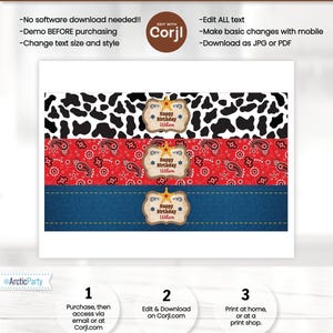 May include: Printable digital design for a cowboy-themed birthday party. The design features a red bandana pattern, a blue denim pattern, and a black and white cow print. The text on the design says "Happy Birthday Wilson".