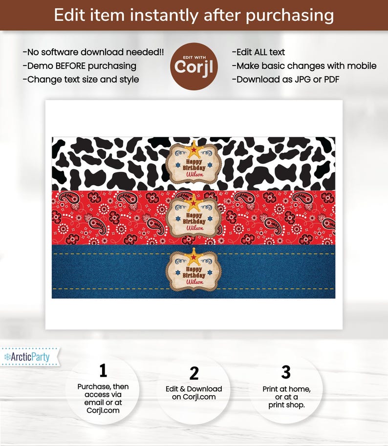 May include: Printable digital design for a cowboy-themed birthday party. The design features a red bandana pattern, a blue denim pattern, and a black and white cow print. The text on the design says "Happy Birthday Wilson".