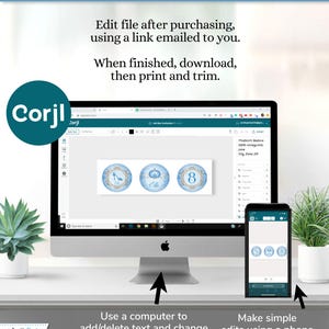 May include: A computer screen displaying a website with a blue and gold Cinderella themed printable design. The website is called Corjl. The text on the screen says "Edit file after purchasing, using a link emailed to you. When finished, download, then print and trim."  A phone screen is also shown displaying the same design. The text below the screens says "Use a computer to add/delete text and change text color/size/style." and "Make simple edits using a phone (REPLACE text)"