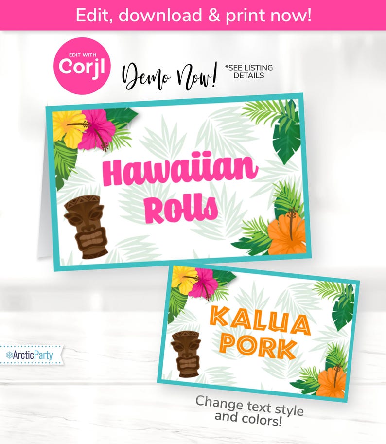 Peut inclure: Deux pancartes de nourriture imprimables sur le th&egrave;me tropical. La premi&egrave;re pancarte a un fond blanc avec des feuilles vertes et des fleurs roses et jaunes. Le texte indique "Hawaiian Rolls". La deuxi&egrave;me pancarte a un fond blanc avec des feuilles vertes et des fleurs roses et jaunes. Le texte indique "Kalua Pork".