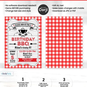 May include: Editable birthday BBQ invitation template with a red and white gingham background. The invitation features a woodgrain background with a grill, text that says "Birthday BBQ", and the words "Please join us for a".
