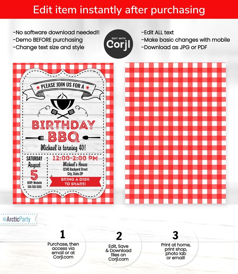 May include: Editable birthday BBQ invitation template with a red and white gingham background. The invitation features a woodgrain background with a grill, text that says "Birthday BBQ", and the words "Please join us for a".