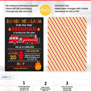K&ouml;nnte beinhalten: Ein rot-gelb gestreifter Hintergrund mit einer Einladung im schwarzen Tafel-Stil f&uuml;r eine Geburtstagsparty zum Thema Feuerwehr. Die Einladung lautet "Alarm schlagen! Ausr&uuml;stung anziehen! Brennan wird vier Jahre alt!" und enth&auml;lt eine Illustration eines roten Feuerwehrautos. Die Einladung enth&auml;lt auch das Datum, die Uhrzeit und den Ort der Party.