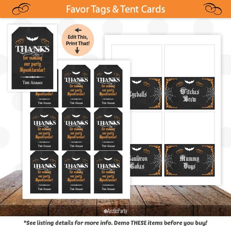 May include: Black favor tags and tent cards with Halloween-themed designs. The tags say "THANKS for making our party Spooktacular!" and include the name "The Adams." The tent cards feature spooky food names like "Eyeballs" and "Witches Brew."