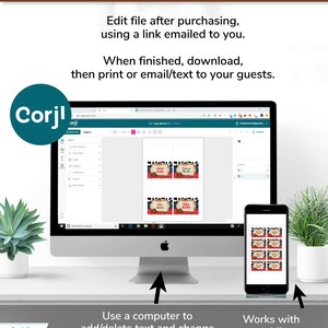 May include: A computer screen and a mobile phone displaying a website with a design template for a food label. The website is called Corjl and the text on the label says "Baked Beans" and "Corn on the Cob".