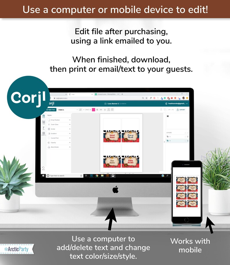 May include: A computer screen and a mobile phone displaying a website with a design template for a food label. The website is called Corjl and the text on the label says "Baked Beans" and "Corn on the Cob".