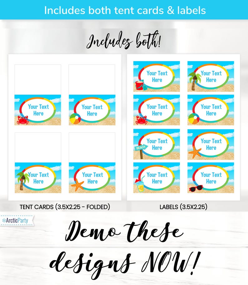 Pool Party Labels - Beach Party Labels - Sandy Beach Buffet Tent Cards ...