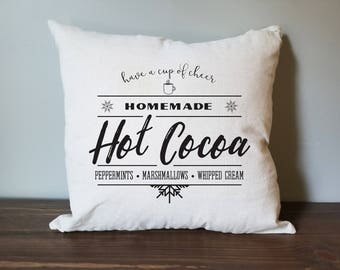 hot cocoa pillow cover. rustic decor. farmhouse decor. accent pillow. holiday. Christmas pillow. hot chocolate. winter pillow.