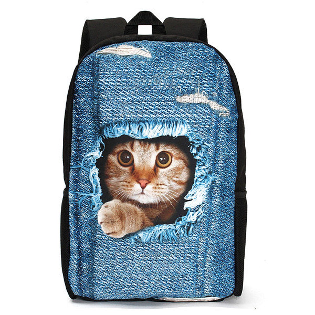 Cat 3d Backpack Dog Pattern Denim School Book Bags Travel Etsy