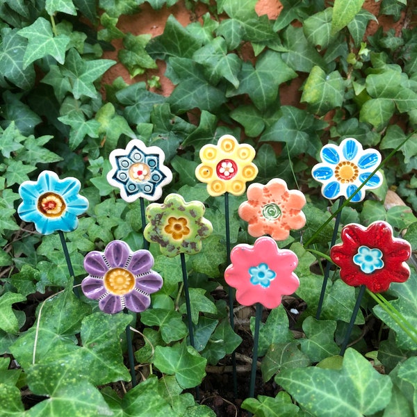 Handmade Ceramic Flower Plant Marker, Garden Decor