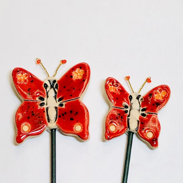 Ceramic Butterfly on Stick, Garden Decor, Planter stake, Herb signs, Mom’s day, Red orange, Summer, Garden decoration, Gift for mama,Grandma