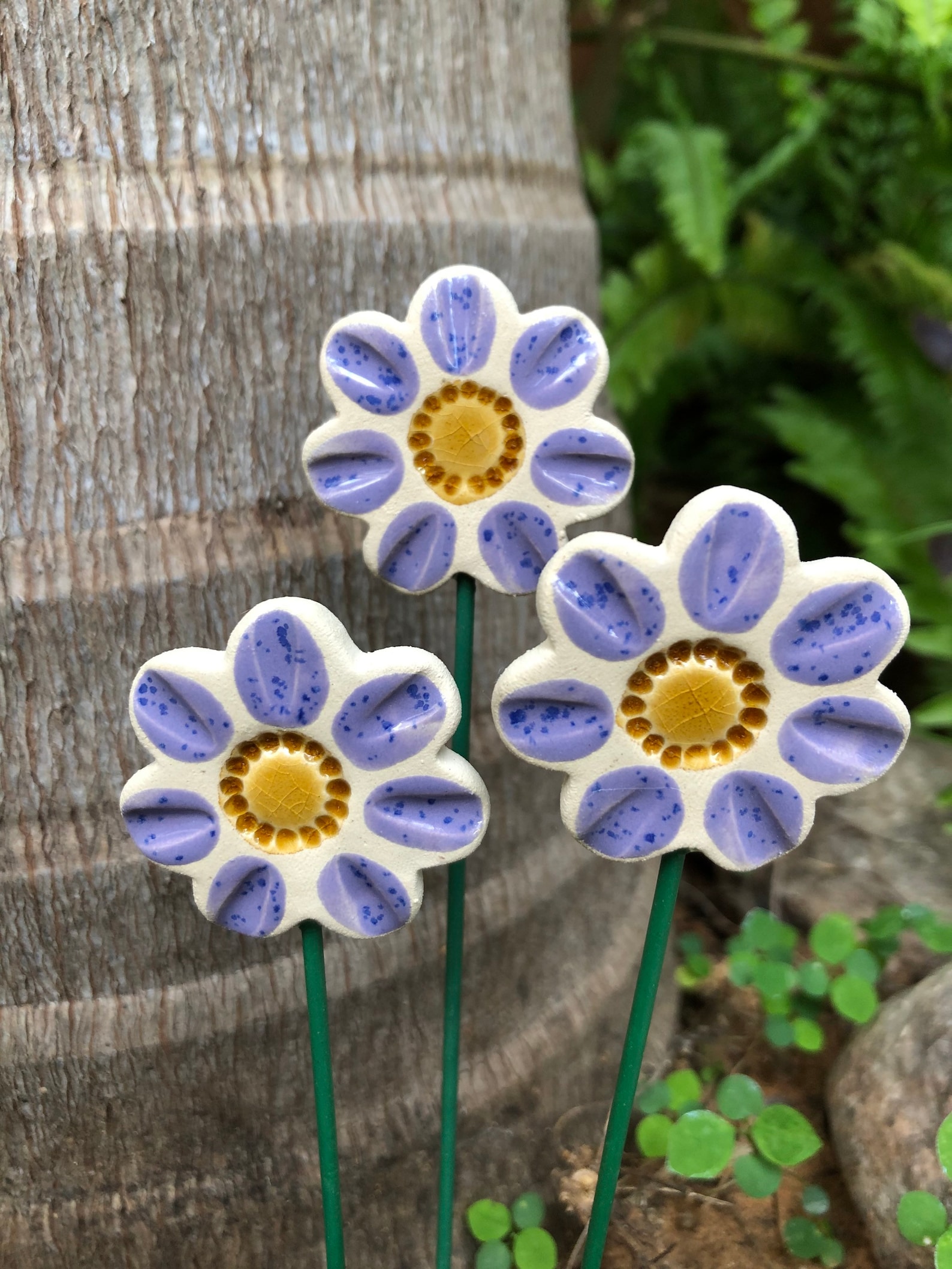 Ceramic Flowers Planter Stake set of 3 Purple Garden Etsy