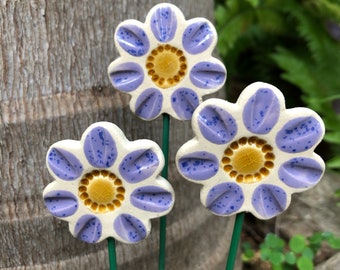 Ceramic Flowers planter stake (set of 3), Purple, Garden décor, Planter art, Planter stake, Herb signs, Garden, Summer, Housewarming gift