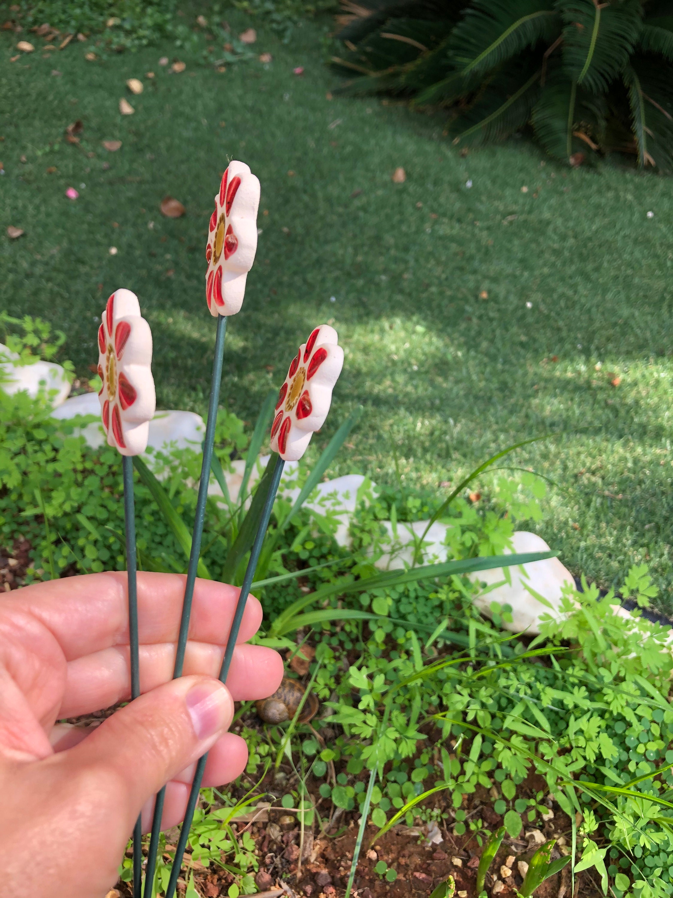 Ceramic Flowers Plant Markers set of 3 Red Planter Decor Etsy