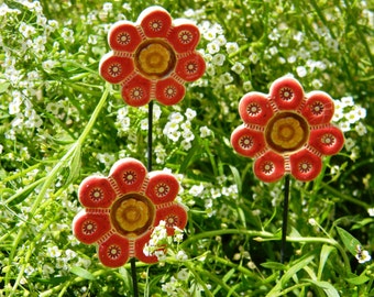 Ceramic Flowers Stick, set of 3 pcs, Decor, Yard decor, Planter stake, Herb signs, Garden decor, Summer, Moms day, Red, Home decor