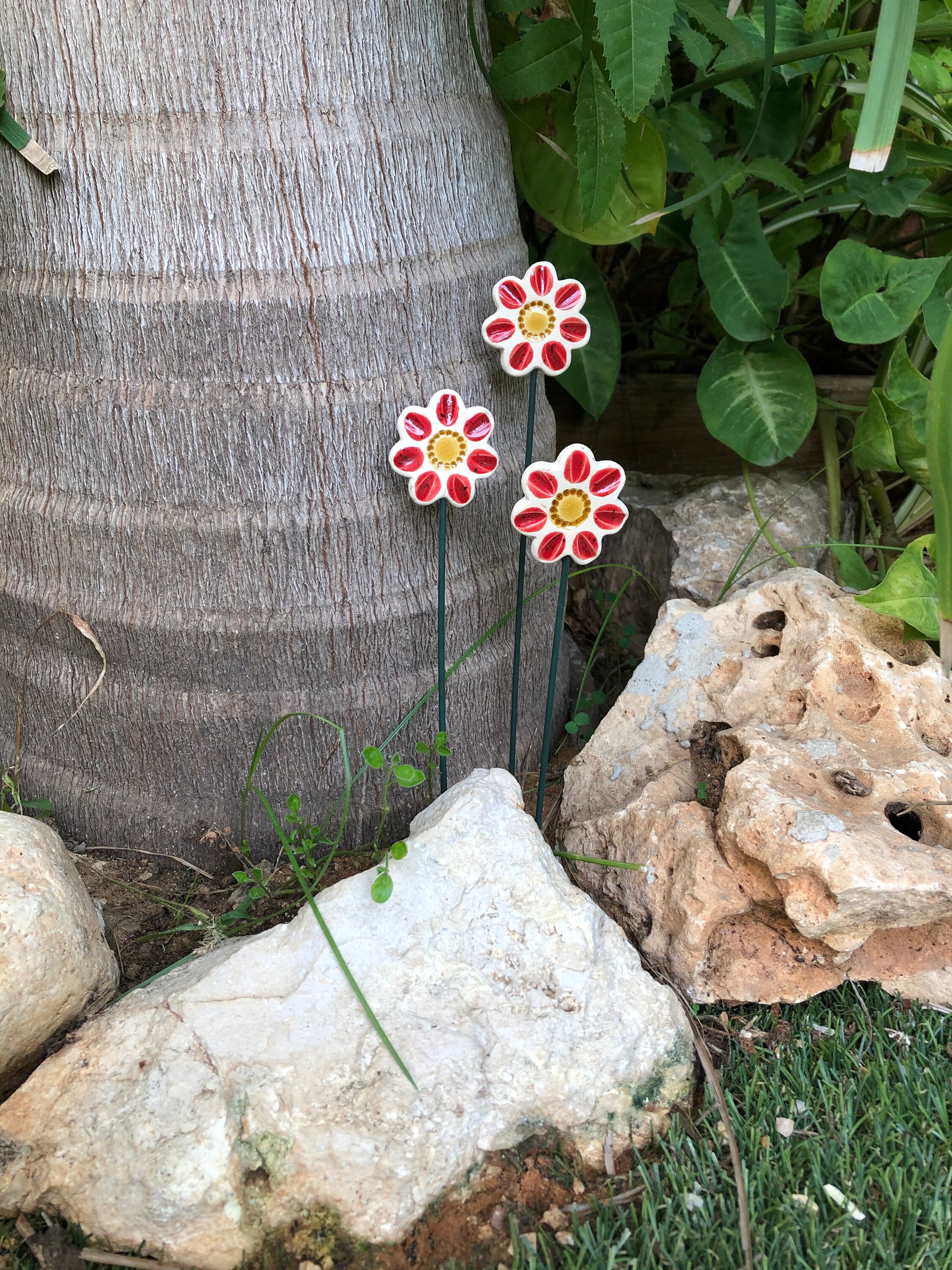 Ceramic Flowers Plant Markers set of 3 Red Planter Decor Etsy
