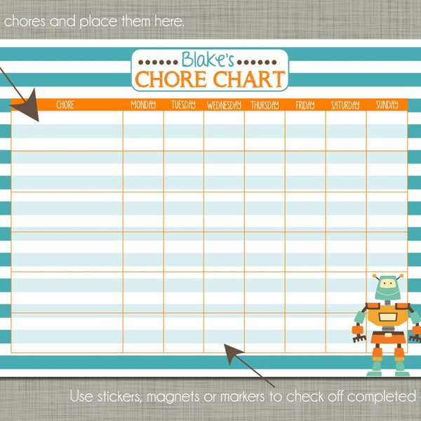 Personalized Kids Chore Reward Chart {Printable} Sized 8.5 x 11 - Robot Design