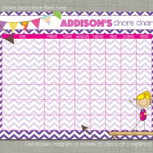 Personalized Kids Chore Reward Chart Printable Sized 8.5 x 11 Gymnast Chevron Design image 1