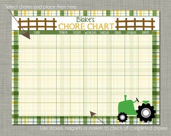 Personalized Kids Chore Reward Chart {Printable} Sized 8.5 x 11 - Green Tractor Design