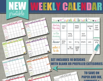 NEW Weekly Printable Calendar - Wall Calendar - Set of 10 Designs - Sized 11 x 8.5"