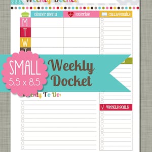 May include: A printable weekly planner with sections for dinner menu, exercise, calls/emails, weekly to-do list, and weekly goals. The planner is designed in a colorful style with pink, red, blue, green, and yellow accents.