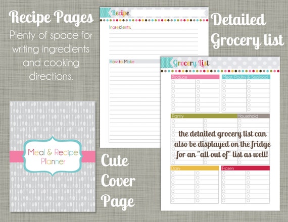 meal recipe planner printable set sized small 5 5 x etsy all out of grocery list printable