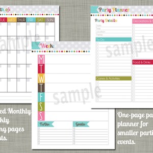 K&ouml;nnte beinhalten: Druckbarer Partyplaner mit bunten R&auml;ndern und Abschnitten f&uuml;r Partydetails, To-Do-Liste, Dekorationen und Geschenke, Essen und Getr&auml;nke, Spiele und Aktivit&auml;ten. Der Planer enth&auml;lt auch einen Monatskalender und einen Wochenplaner mit To-Do- und Zielabschnitten.