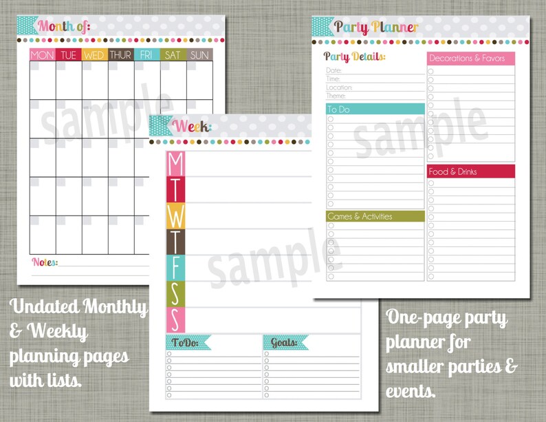K&ouml;nnte beinhalten: Druckbarer Partyplaner mit bunten R&auml;ndern und Abschnitten f&uuml;r Partydetails, To-Do-Liste, Dekorationen und Geschenke, Essen und Getr&auml;nke, Spiele und Aktivit&auml;ten. Der Planer enth&auml;lt auch einen Monatskalender und einen Wochenplaner mit To-Do- und Zielabschnitten.