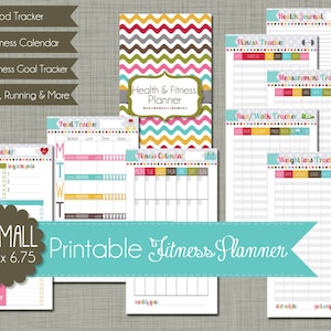 May include: Printable fitness planner with colorful chevron patterns. Includes trackers for food, fitness, goals, weight loss, and running.  The planner is 3.75 inches by 6.75 inches.