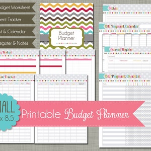 May include: Printable budget planner with colorful chevron pattern and polka dot accents. Includes pages for monthly budget, debt payment tracker, bill checklist and calendar, account register and notes.  5.5 x 8.5 inches.