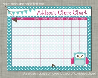 Personalized Kids Chore Reward Chart {Printable} Sized 8.5 x 11 - Owl Design